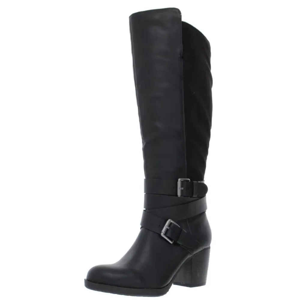 Tall Black Moto Pu Leather Sliver Buckle Stacked Heel Boot Size 10